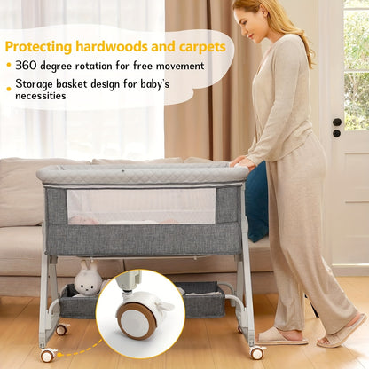 3-in-1 Baby Co-Sleeping Crib with Wheels, Adjustable Height, and Mosquito Net Canopy – Foldable Design with Bottom Storage Basket