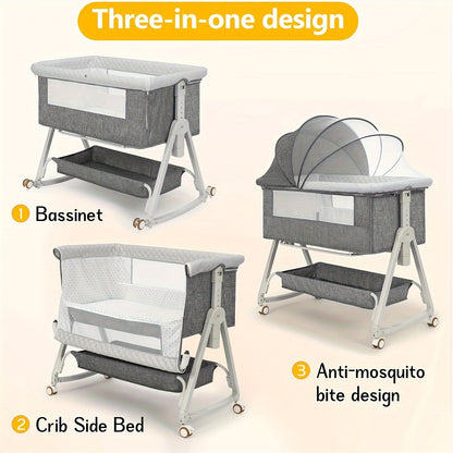 3-in-1 Baby Co-Sleeping Crib with Wheels, Adjustable Height, and Mosquito Net Canopy – Foldable Design with Bottom Storage Basket