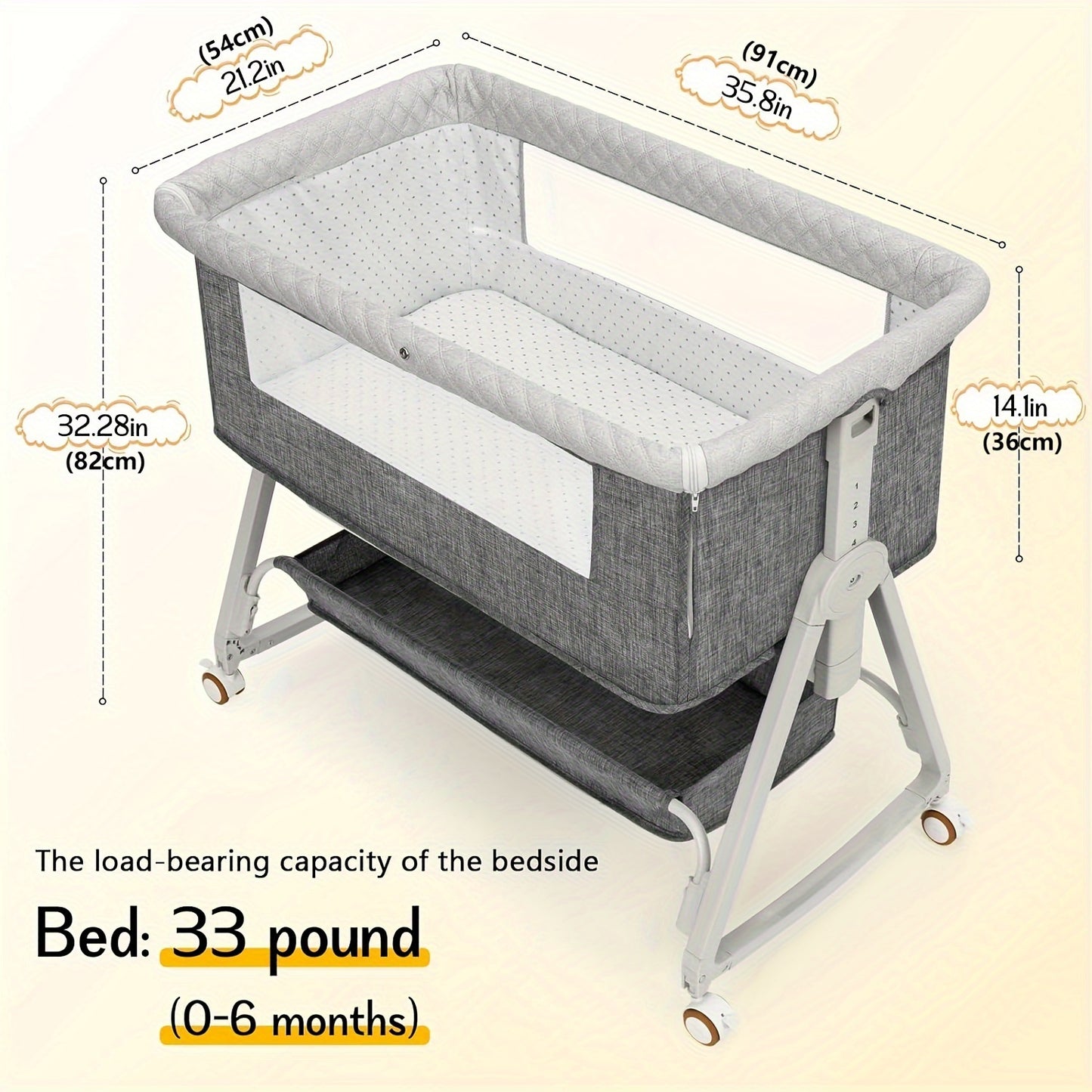 3-in-1 Baby Co-Sleeping Crib with Wheels, Adjustable Height, and Mosquito Net Canopy – Foldable Design with Bottom Storage Basket