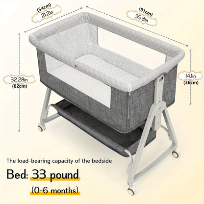 3-in-1 Baby Co-Sleeping Crib with Wheels, Adjustable Height, and Mosquito Net Canopy – Foldable Design with Bottom Storage Basket