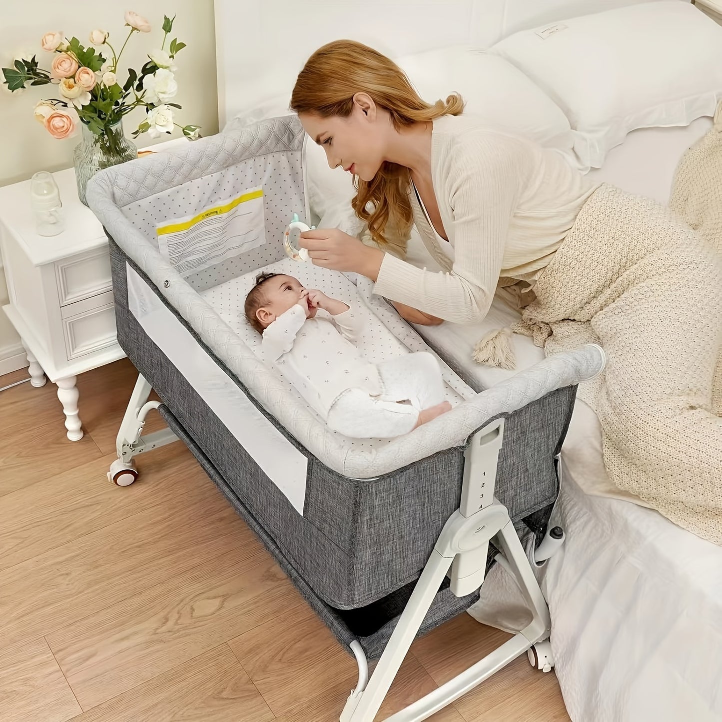 3-in-1 Baby Co-Sleeping Crib with Wheels, Adjustable Height, and Mosquito Net Canopy – Foldable Design with Bottom Storage Basket