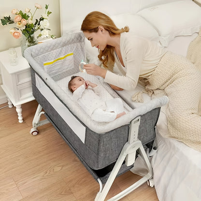 3-in-1 Baby Co-Sleeping Crib with Wheels, Adjustable Height, and Mosquito Net Canopy – Foldable Design with Bottom Storage Basket