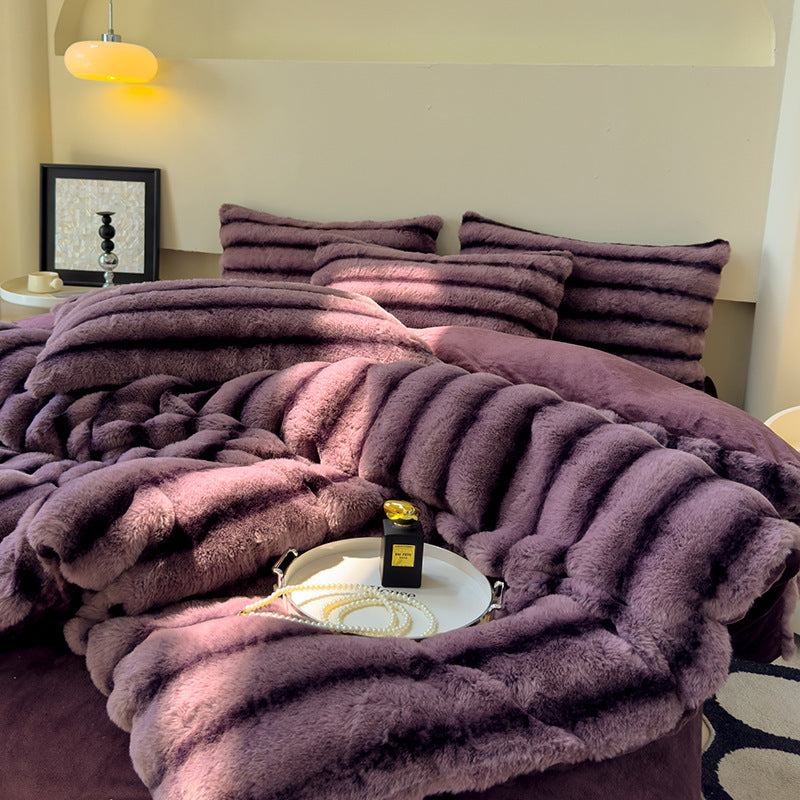 Thick Faux Rabbit Fur Fleece Bedding Set – Warm Cozy Blanket Set – Bed Blanket – Sofa Throw – Decorative Blanket – All-Season Warm Blanket – Soft Fluffy Breathable Four-Piece Set