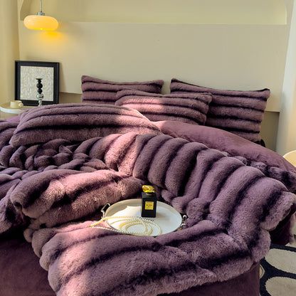 Thick Faux Rabbit Fur Fleece Bedding Set – Warm Cozy Blanket Set – Bed Blanket – Sofa Throw – Decorative Blanket – All-Season Warm Blanket – Soft Fluffy Breathable Four-Piece Set