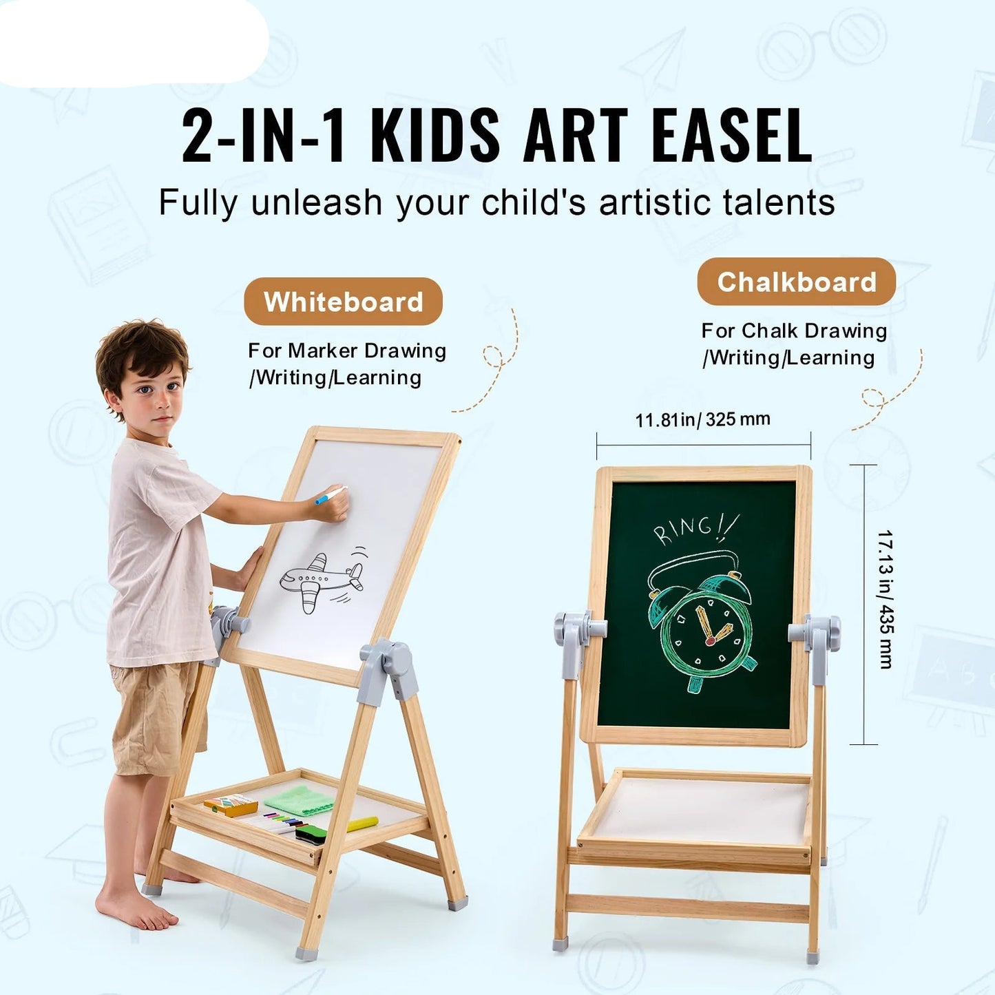 Standing Magnetic Drawing Board for Kids – Double-Sided Art Easel with Chalkboard, Whiteboard & Accessories, Adjustable Height 27–38"