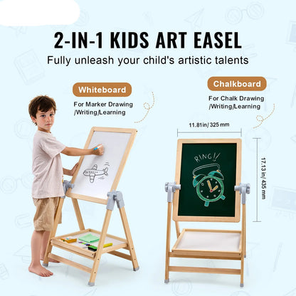 Standing Magnetic Drawing Board for Kids – Double-Sided Art Easel with Chalkboard, Whiteboard & Accessories, Adjustable Height 27–38"