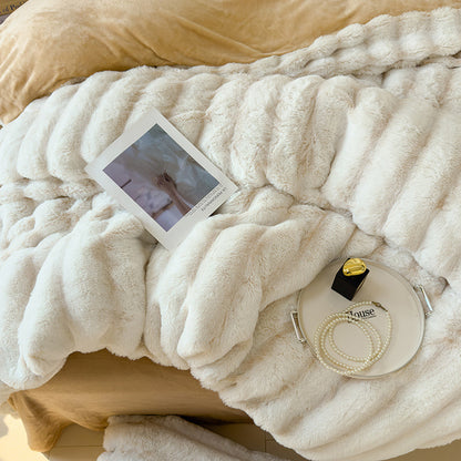 Thick Faux Rabbit Fur Fleece Bedding Set – Warm Cozy Blanket Set – Bed Blanket – Sofa Throw – Decorative Blanket – All-Season Warm Blanket – Soft Fluffy Breathable Four-Piece Set