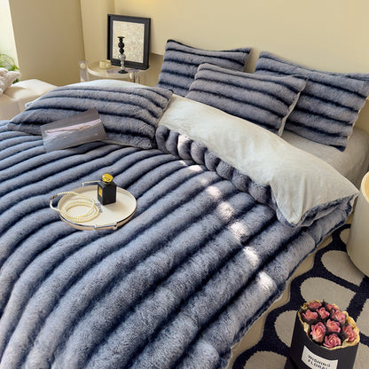 Thick Faux Rabbit Fur Fleece Bedding Set – Warm Cozy Blanket Set – Bed Blanket – Sofa Throw – Decorative Blanket – All-Season Warm Blanket – Soft Fluffy Breathable Four-Piece Set