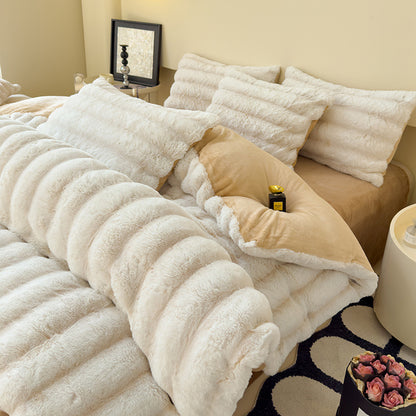 Thick Faux Rabbit Fur Fleece Bedding Set – Warm Cozy Blanket Set – Bed Blanket – Sofa Throw – Decorative Blanket – All-Season Warm Blanket – Soft Fluffy Breathable Four-Piece Set