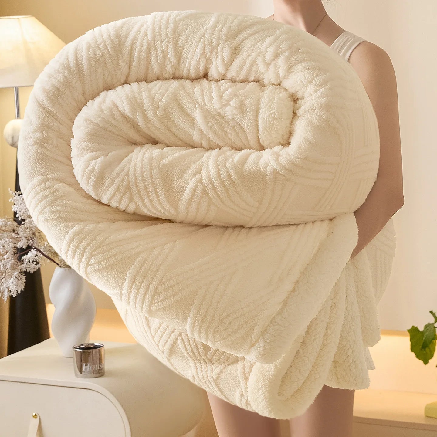 Textured Striped Diamond Sherpa Fleece Throw Blanket