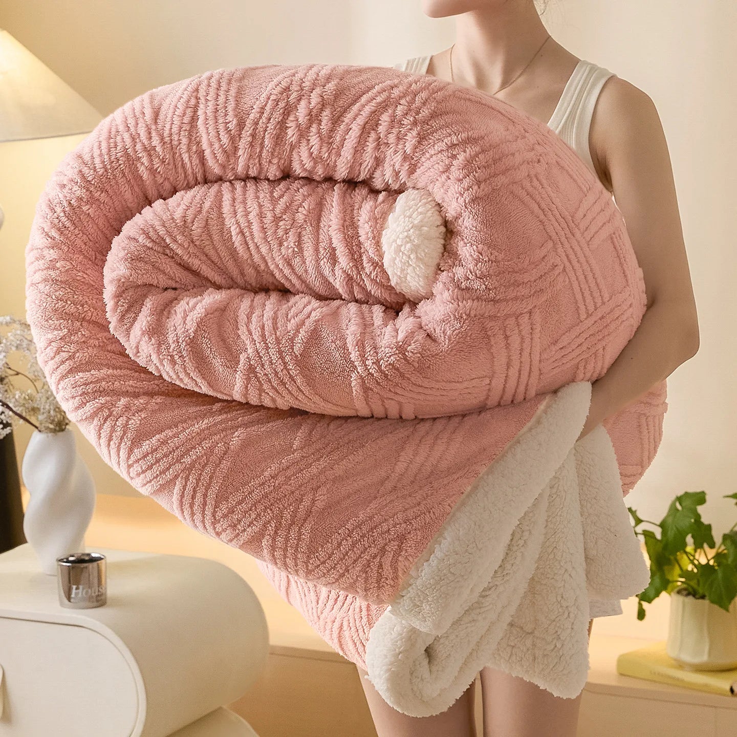 Textured Striped Diamond Sherpa Fleece Throw Blanket