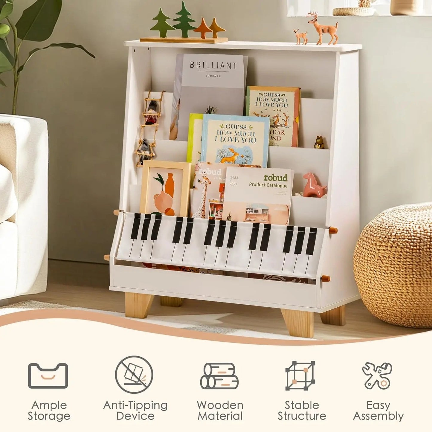 Kids Bookshelf with Toy Storage – 4-Tier Double-Sided Wooden Bookcase, Natural Wood Organizer for Boys and Girls, Front & Back Display Shelves