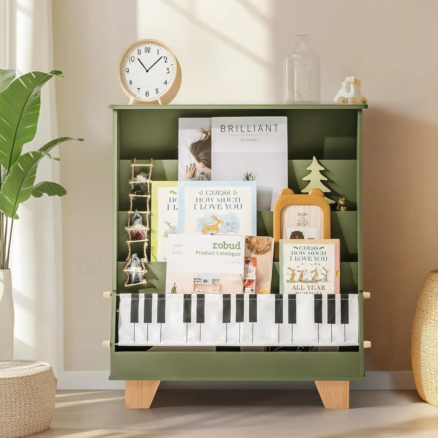 Kids Bookshelf with Toy Storage – 4-Tier Double-Sided Wooden Bookcase, Natural Wood Organizer for Boys and Girls, Front & Back Display Shelves