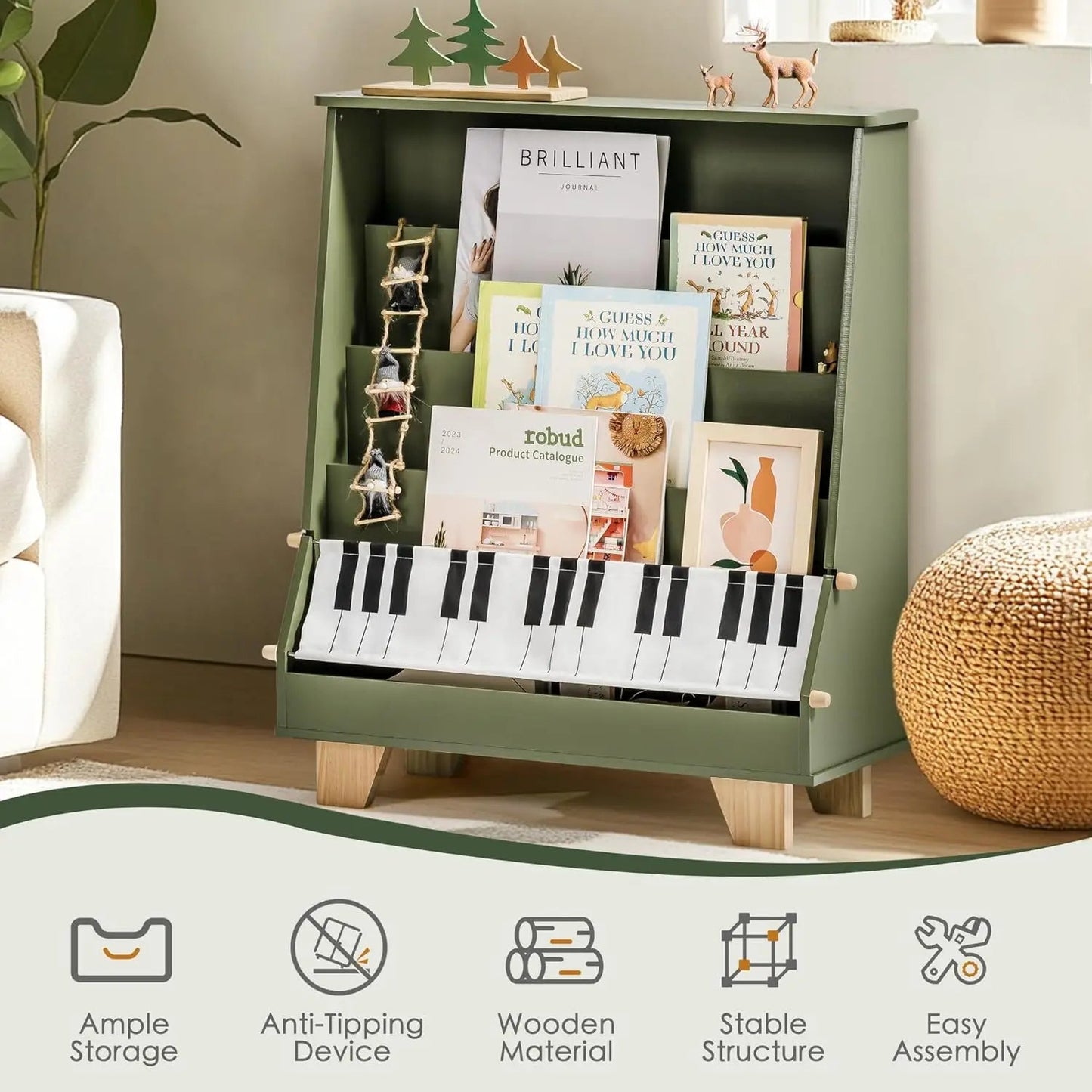 Kids Bookshelf with Toy Storage – 4-Tier Double-Sided Wooden Bookcase, Natural Wood Organizer for Boys and Girls, Front & Back Display Shelves