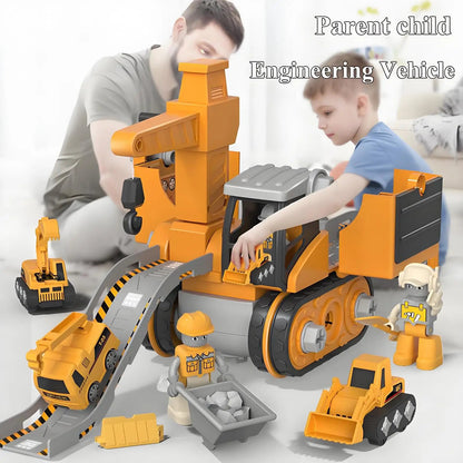 Construction vehicle in closed configuration for compact play