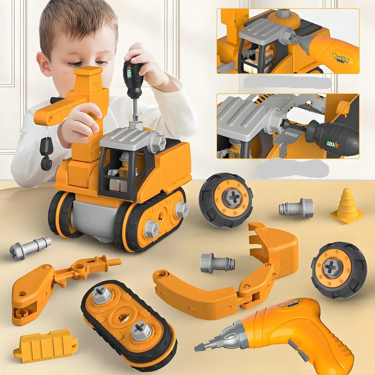 Front view of kids engineering construction set with electric drill
