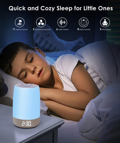 Baby white noise machine with night light, Bluetooth speaker, and timer – 32 relaxing sounds and 1500 mAh battery
