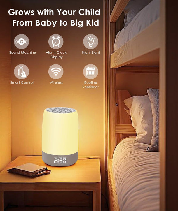 Baby white noise machine with night light, Bluetooth speaker, and timer – 32 relaxing sounds and 1500 mAh battery