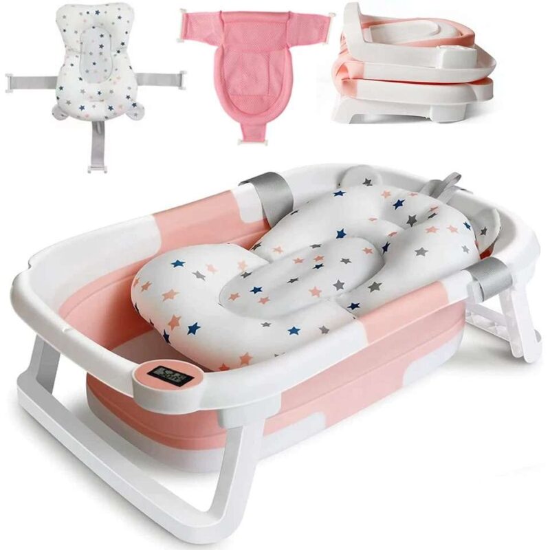 Foldable Baby Bathtub with Soft Cushion and Temperature Sensor – Compact, Safe, and Non-Slip