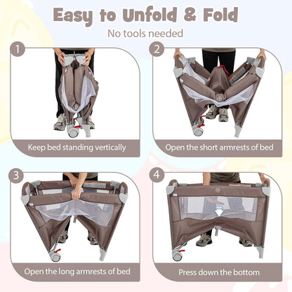 Cuna bebé portátil 5 en 1 con cambiador, moisés, correa de seguridad y entrada lateral con cremallera