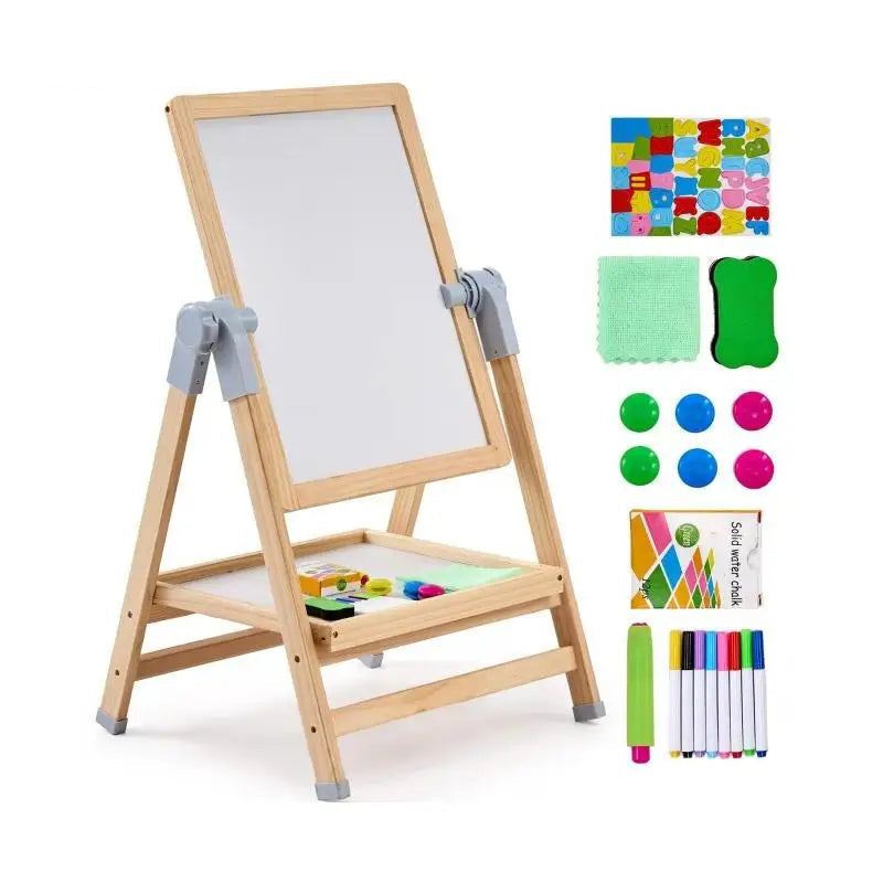 Standing Magnetic Drawing Board for Kids – Double-Sided Art Easel with Chalkboard, Whiteboard & Accessories, Adjustable Height 27–38"