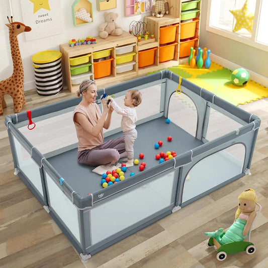 Playpen set up outdoors on patio or backyard