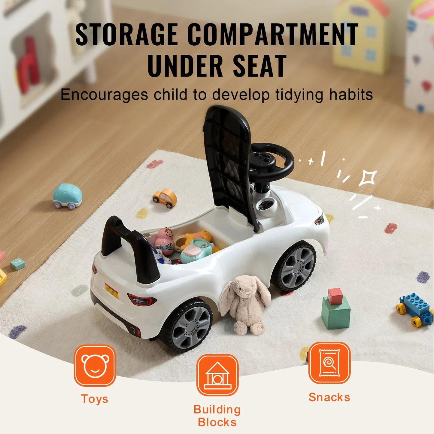 Toddler Ride-On Push Car – Music Steering Wheel, Seat Storage, Anti-Tip Safety, Ages 1-3, White