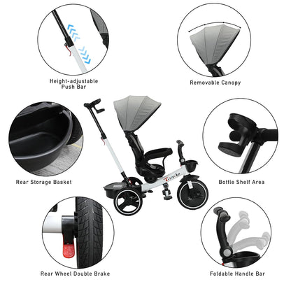 5-in-1 Kids Tricycle – Reclining Seat, Adjustable Canopy, Shock Absorption, and Storage Basket – Ages 1 to 5